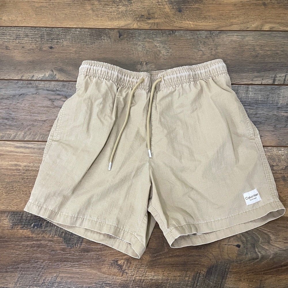 Calvin Klein Mens Swim Trunks Khaki Tan Mesh Lined Shorts Medium Beach Vacation